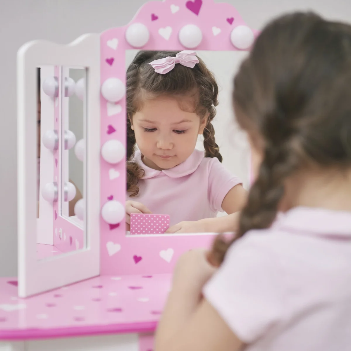 Kids Dressing Table Vanity & Stool with Tri-Fold LED Mirror - White – image 8