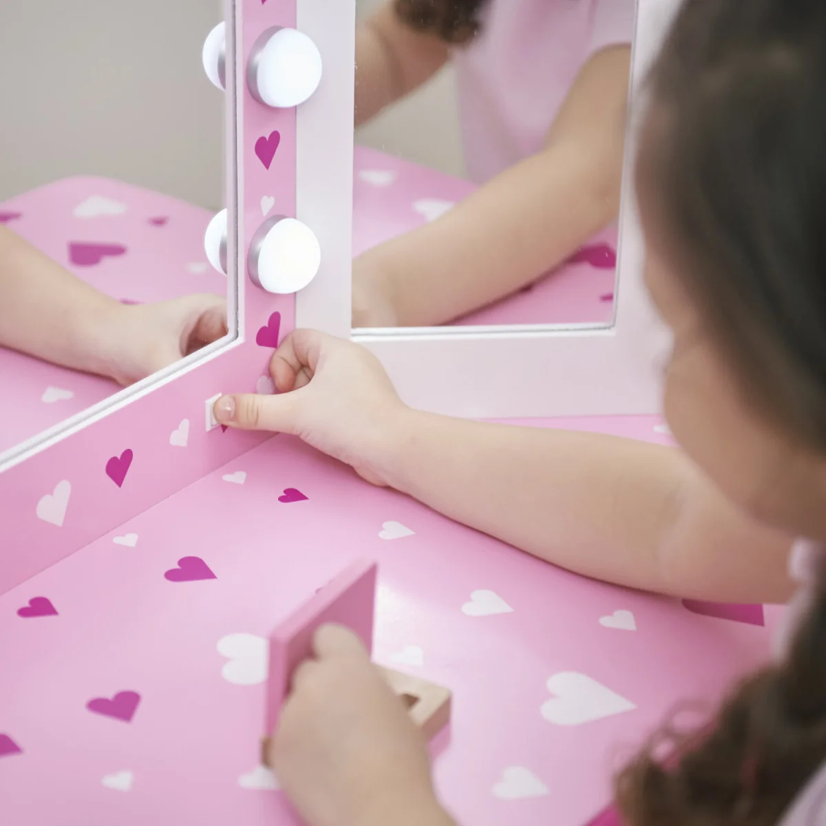 Kids Dressing Table Vanity & Stool with Tri-Fold LED Mirror - White – image 9