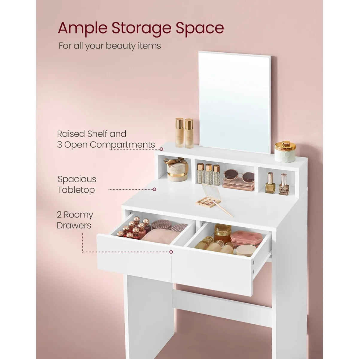 Modern Dressing Table with Large Mirror, Dual Drawers and Multi-Compartment Storage Unit - White – image 2
