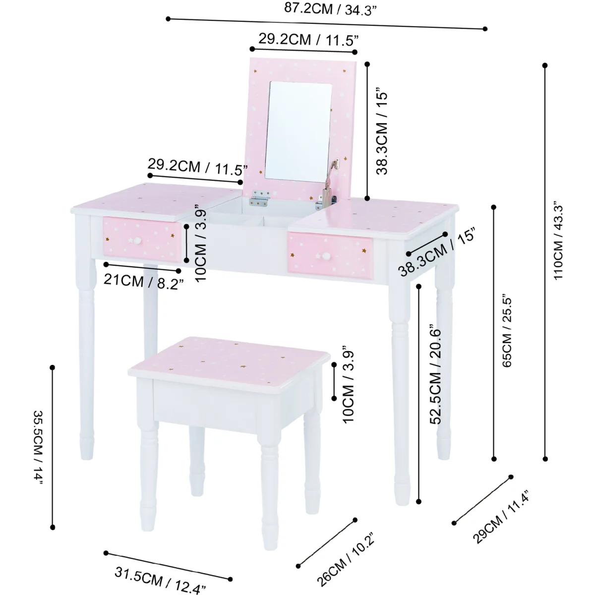 Kids Fashion Twinkle Star Prints Kate Play Vanity with Storage - White – image 3