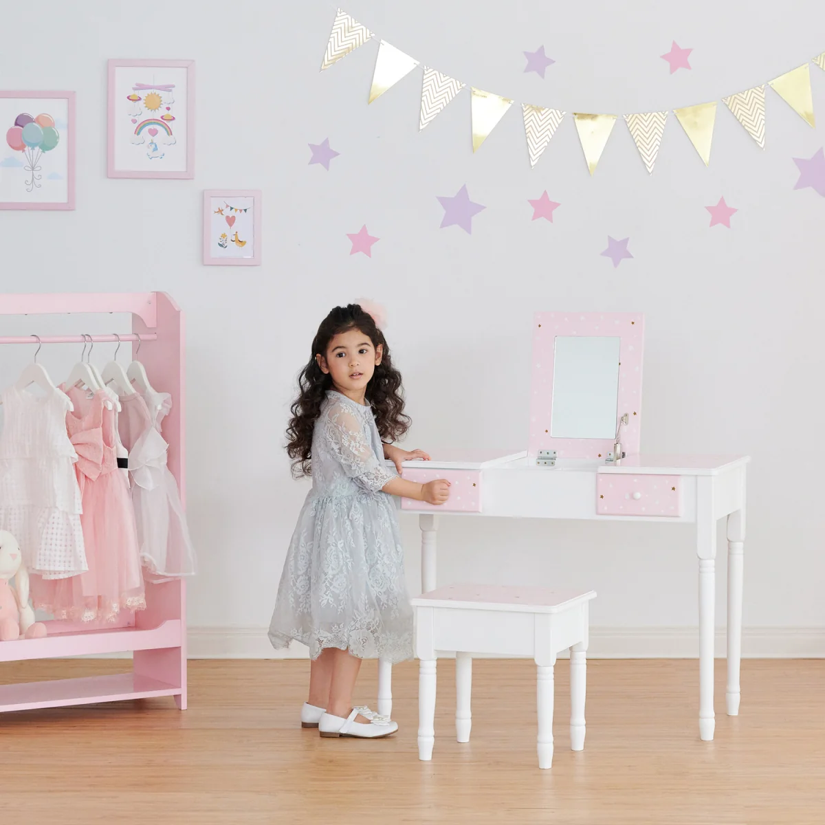 Kids Fashion Twinkle Star Prints Kate Play Vanity with Storage - White – image 5