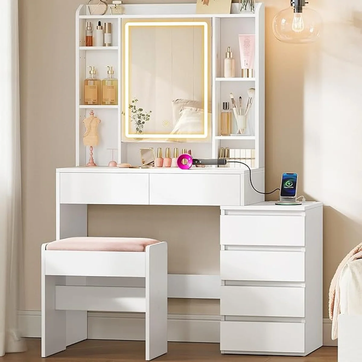 White LED Makeup Table 6 Drawers Power Outlet - White – image 2