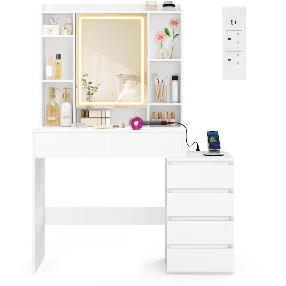 White LED Makeup Table 6 Drawers Power Outlet - White – image 3
