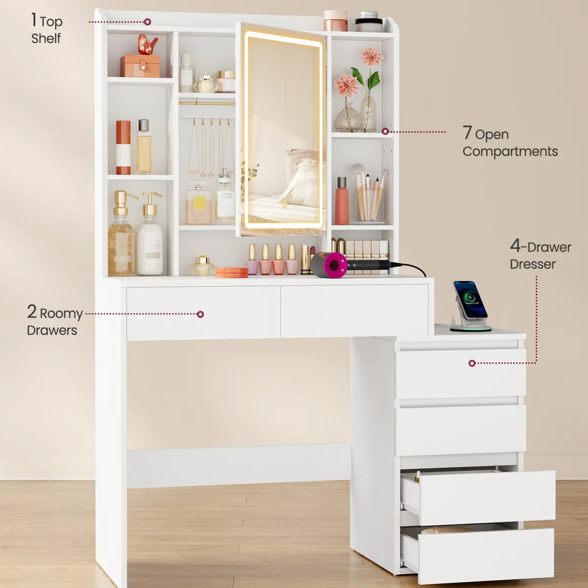 White LED Makeup Table 6 Drawers Power Outlet - White – image 4
