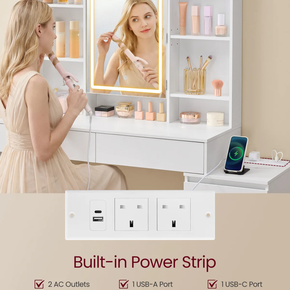 White LED Makeup Table 6 Drawers Power Outlet - White – image 5