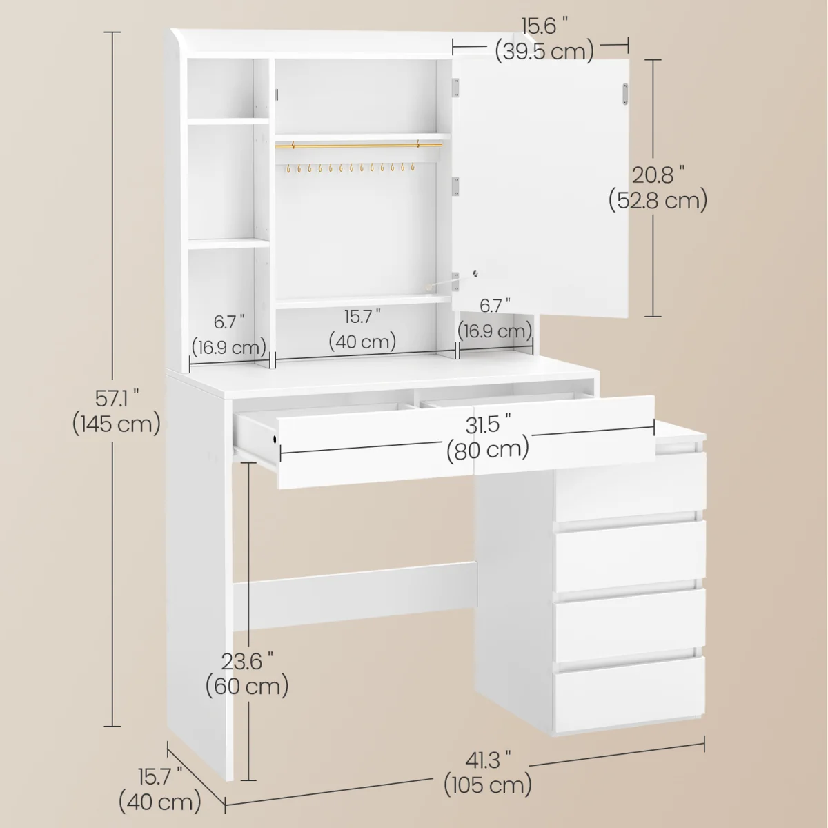 White LED Makeup Table 6 Drawers Power Outlet - White – image 7