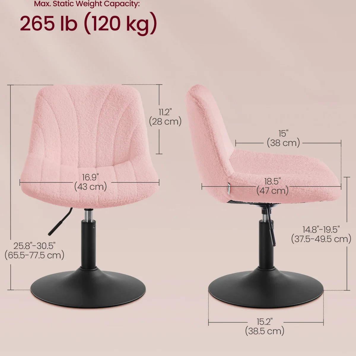 Adjustable Pink Dressing Table Stool With Backrest - Pink – image 2