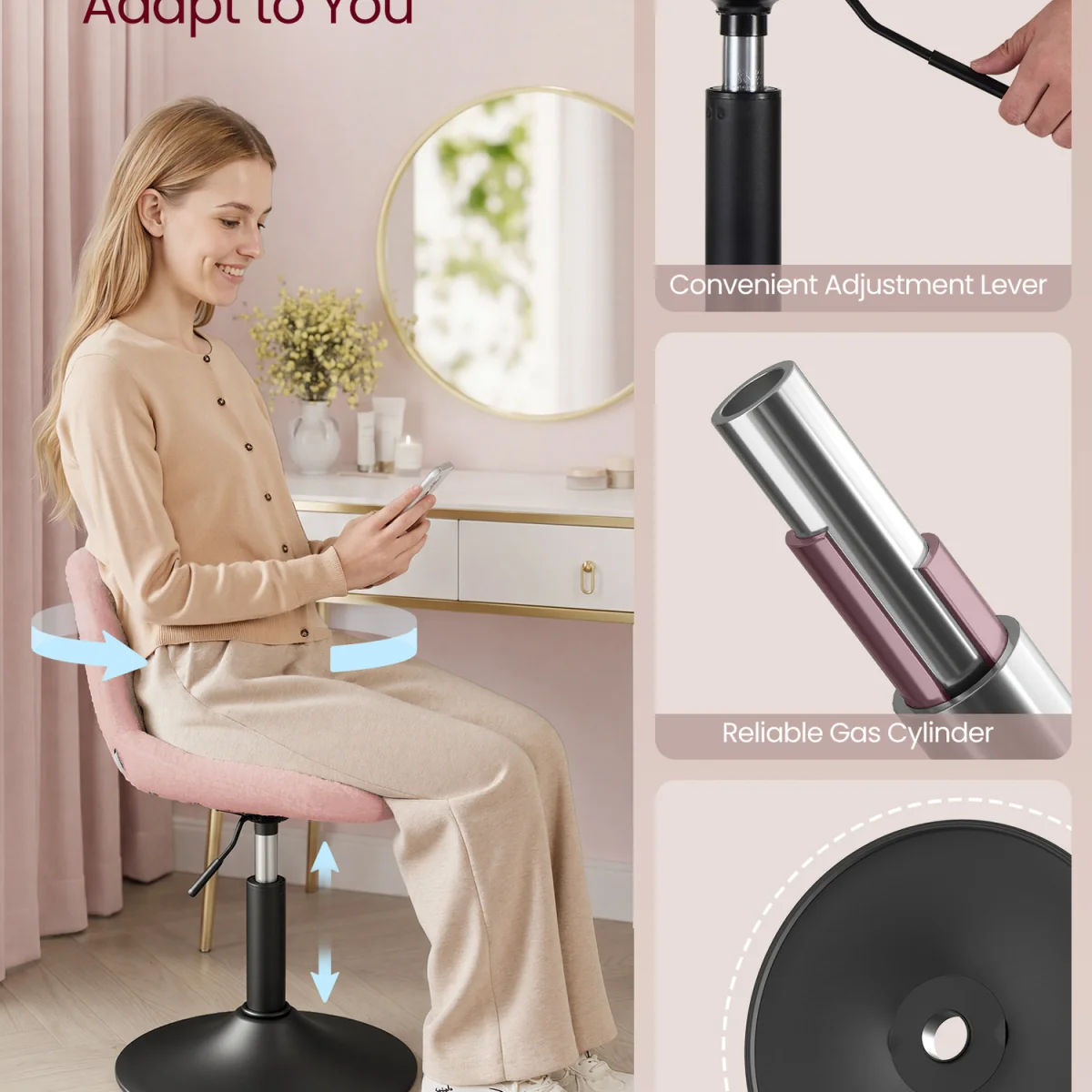 Adjustable Pink Dressing Table Stool With Backrest - Pink – image 3