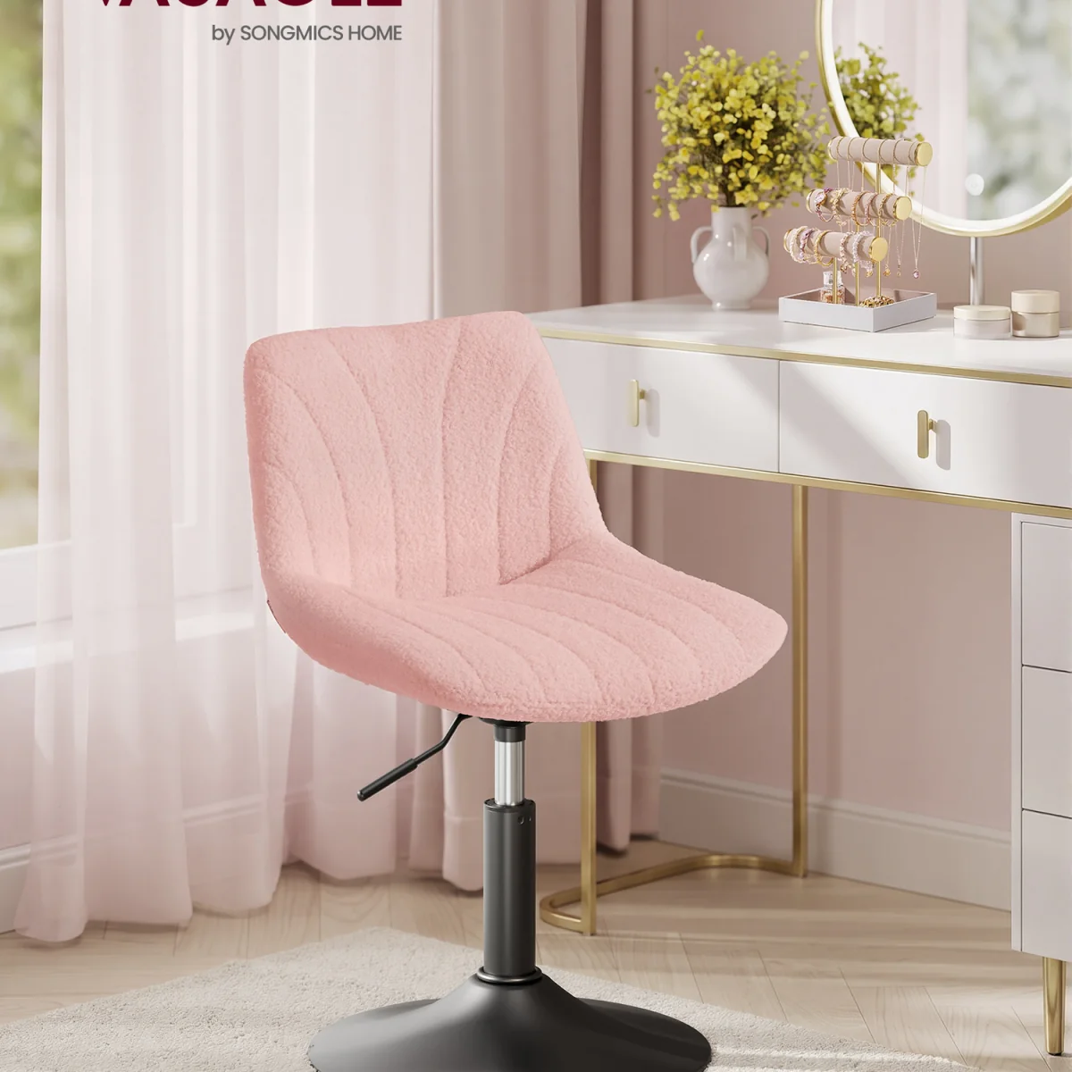 Adjustable Pink Dressing Table Stool With Backrest - Pink – image 4