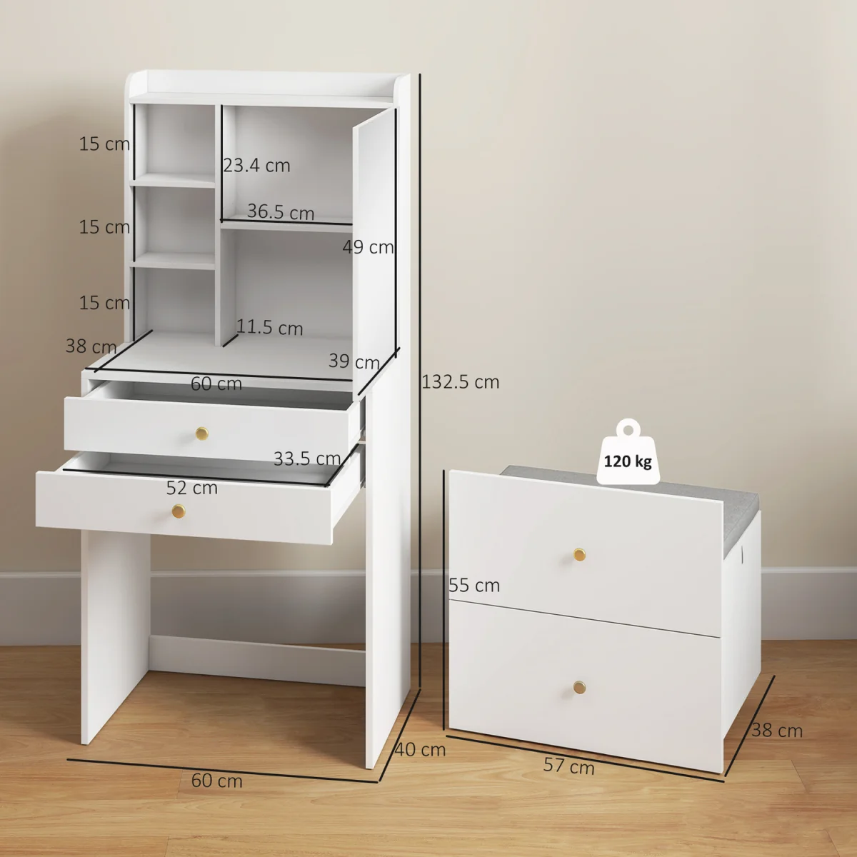 HOMCOM Dressing Table with Mirror and Stool Makeup Desk - White – image 8