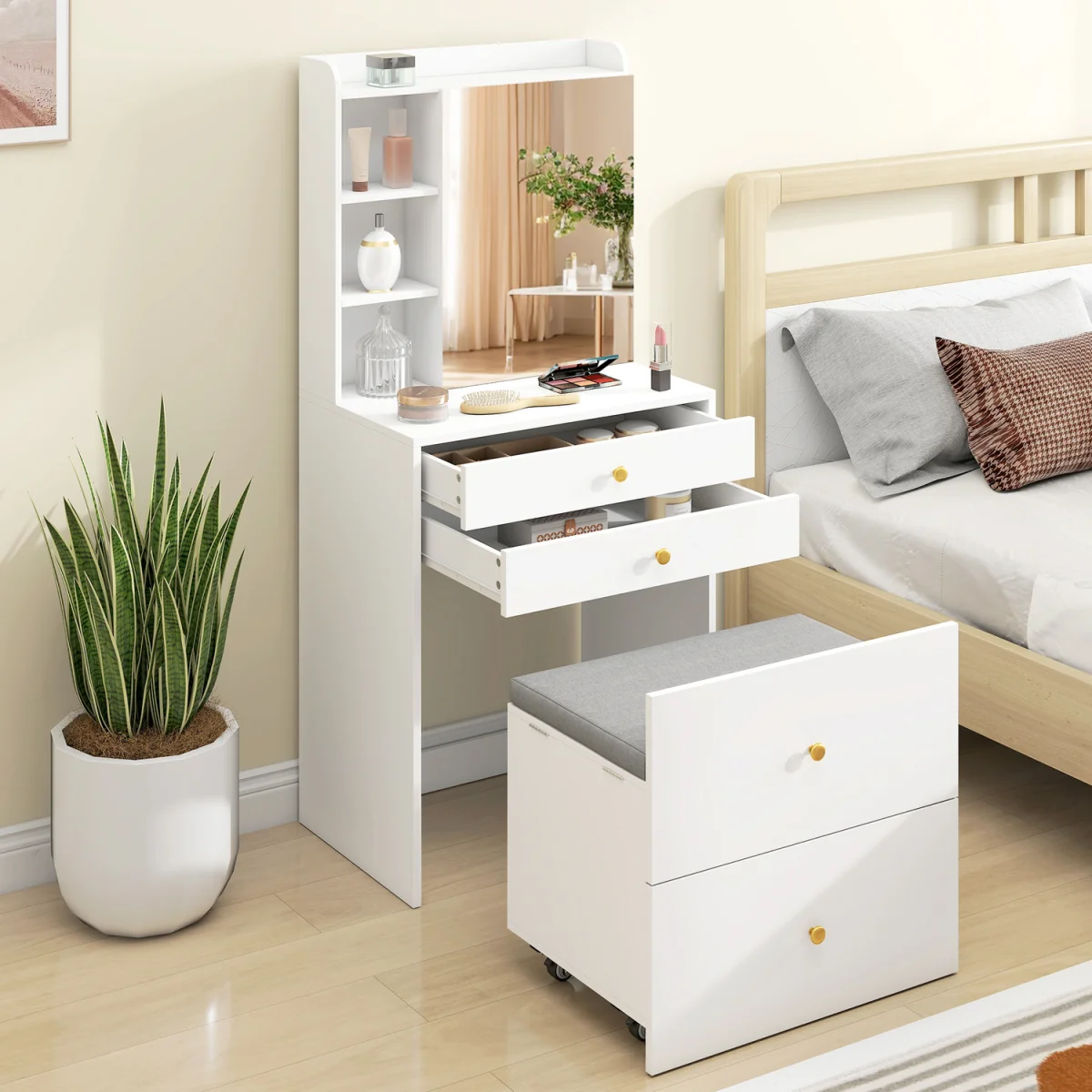 HOMCOM Dressing Table with Mirror and Stool Makeup Desk - White – image 1