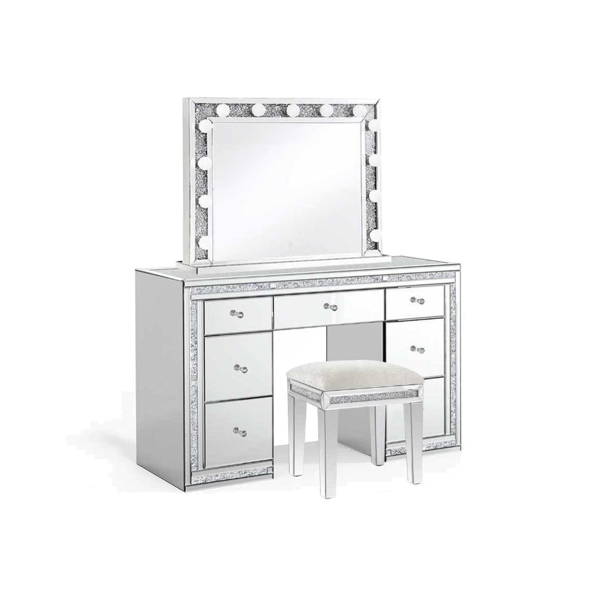 Mirrored Diamond Crush Mirrored Dressing Table With Led Lights and Stool - Silver