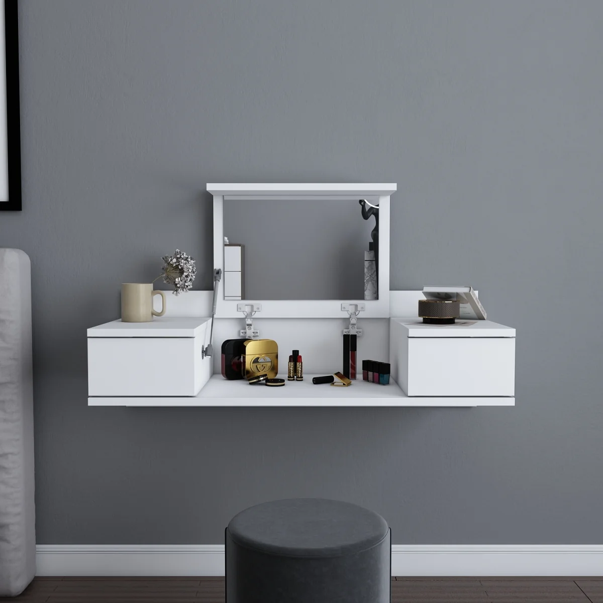 Zenn Modern Make-up Table with Wall Mountable Design - Travertine – image 2