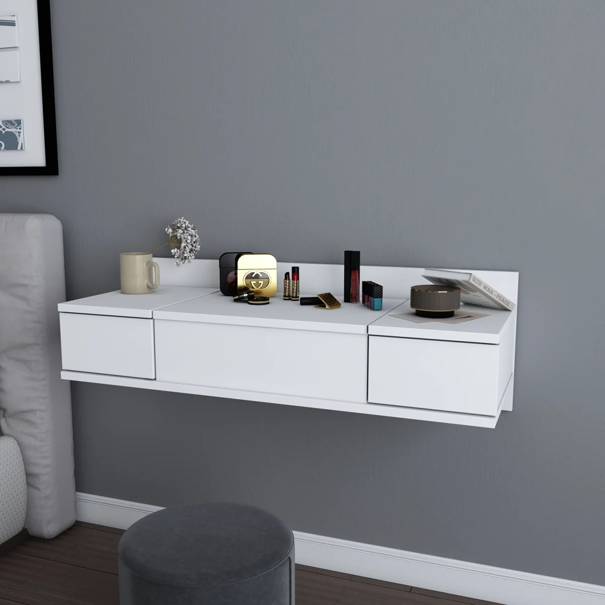 Zenn Modern Make-up Table with Wall Mountable Design - Travertine – image 3