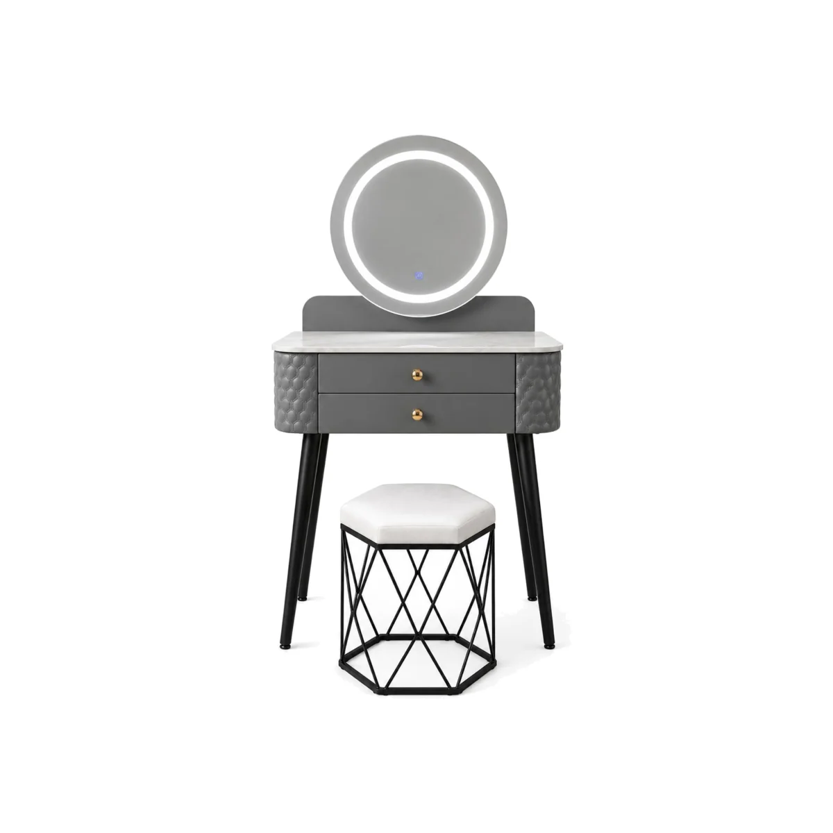Modern Dressing Table with Round Mirror, 2 Drawers & Padded Stool - Makeup Vanity Desk for Bedroom - Grey
