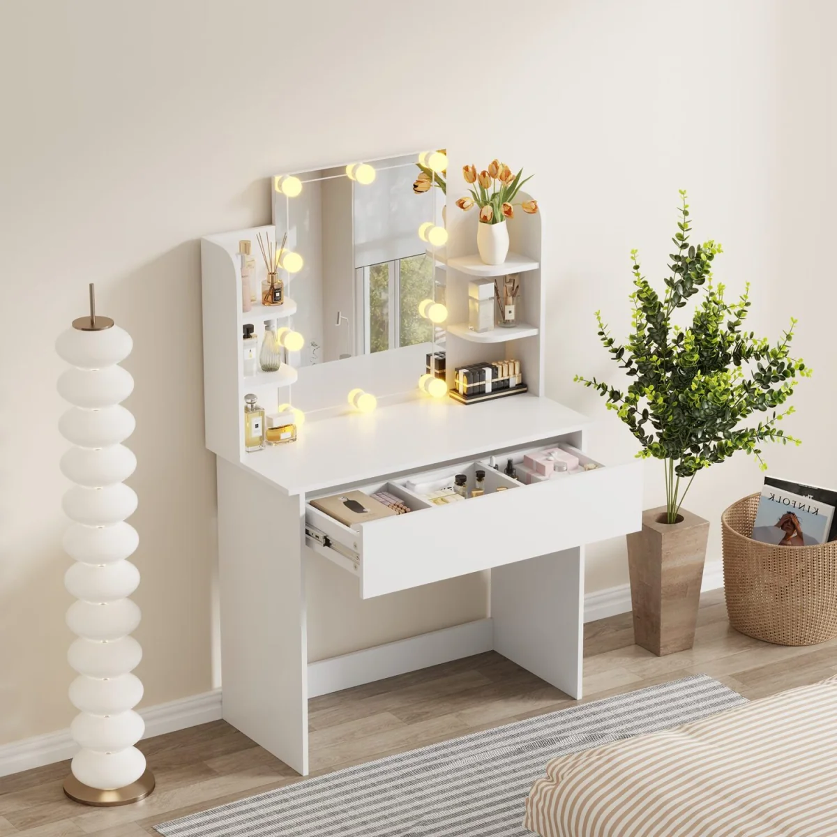 WestWood Dressing Table Vanity Desk LED Mirror Large Drawer Table Side Shelves - White – image 2