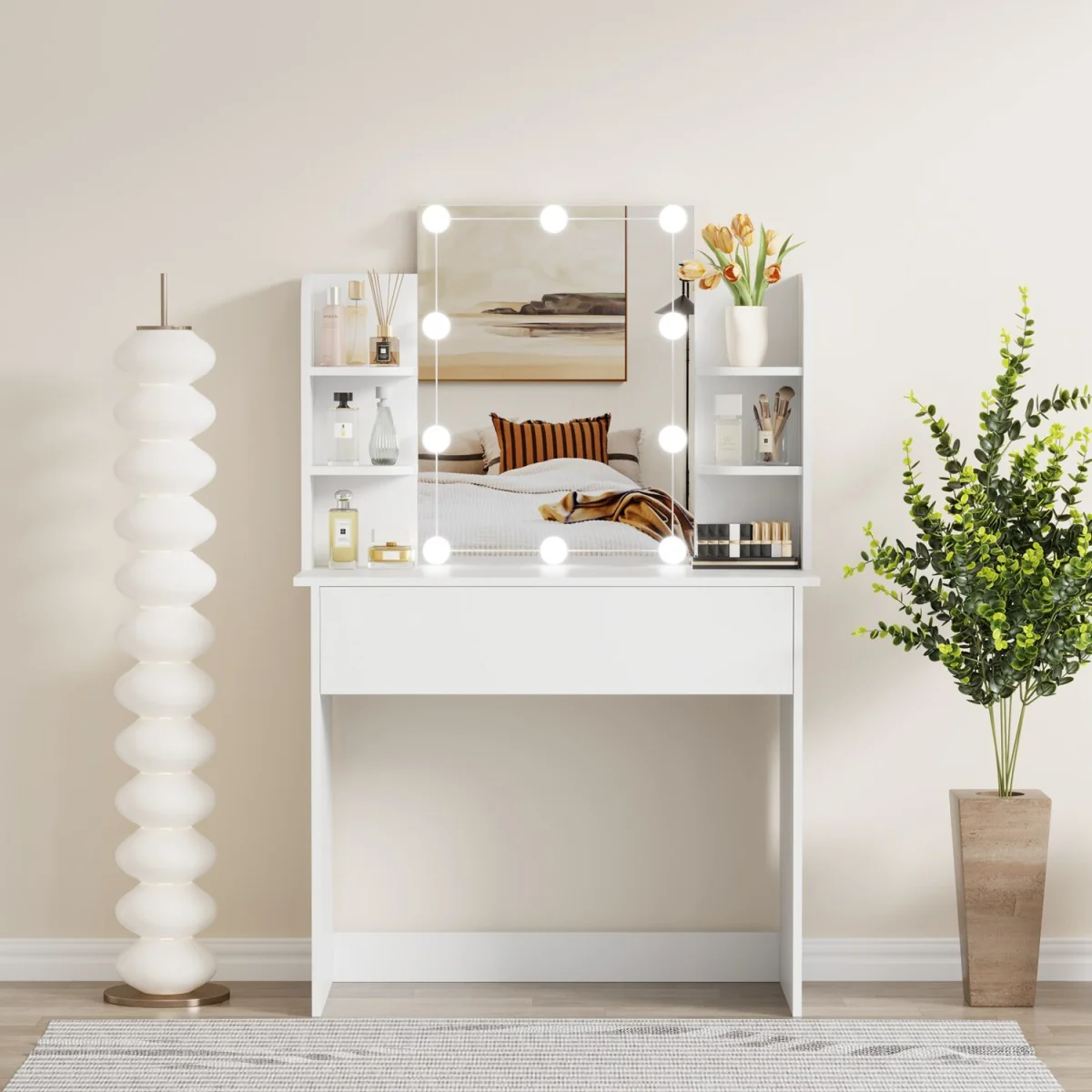 WestWood Dressing Table Vanity Desk LED Mirror Large Drawer Table Side Shelves - White – image 3