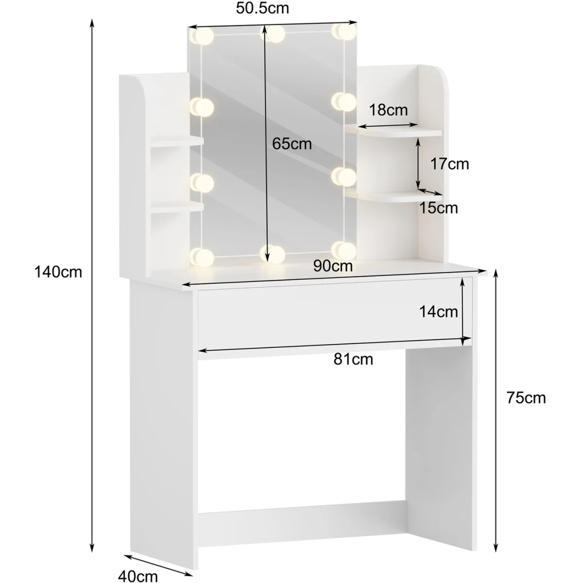 WestWood Dressing Table Vanity Desk LED Mirror Large Drawer Table Side Shelves - White – image 8