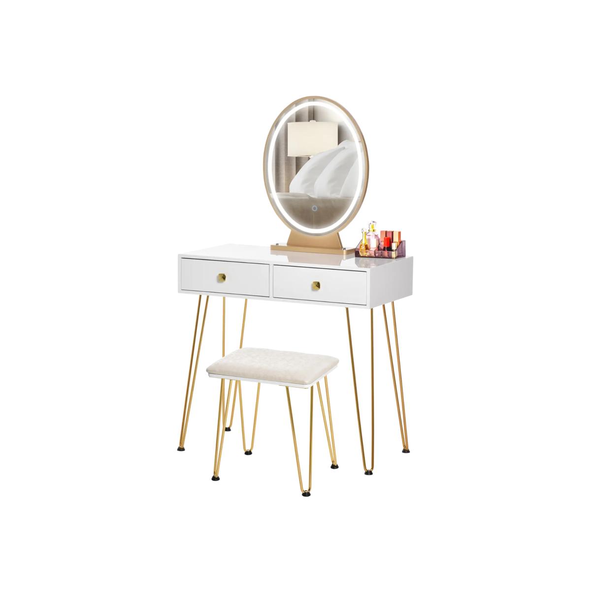 2 Drawer LED Dressing Table with Mirror with Stool - White
