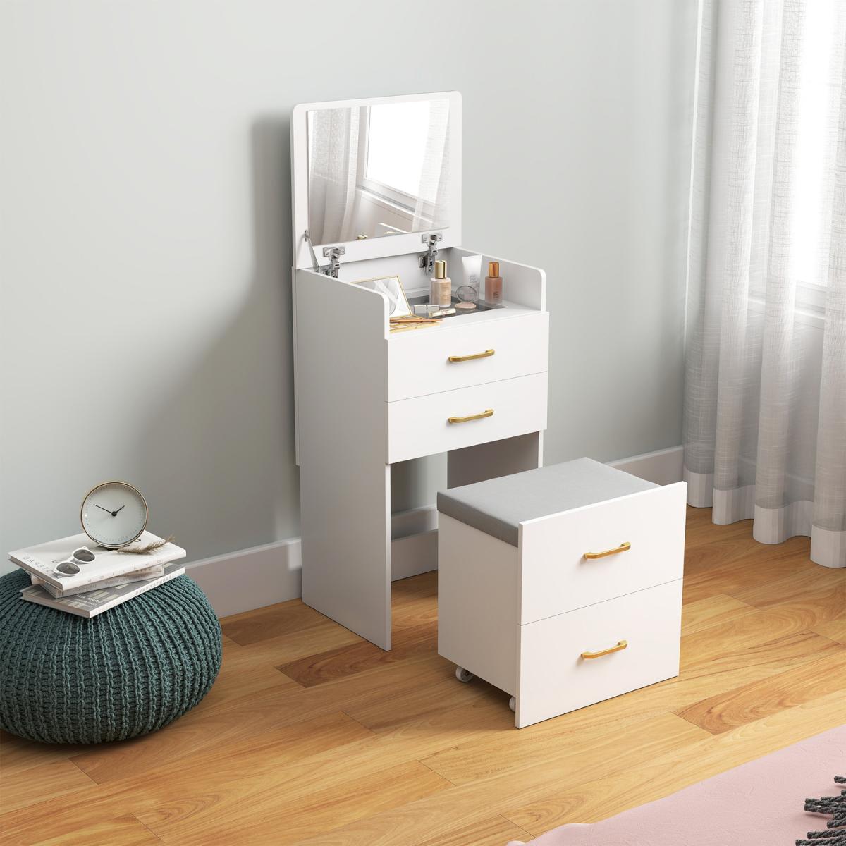 HOMCOM 3 in 1 Dressing Table Vanity Desk with Mirror and Stool - White