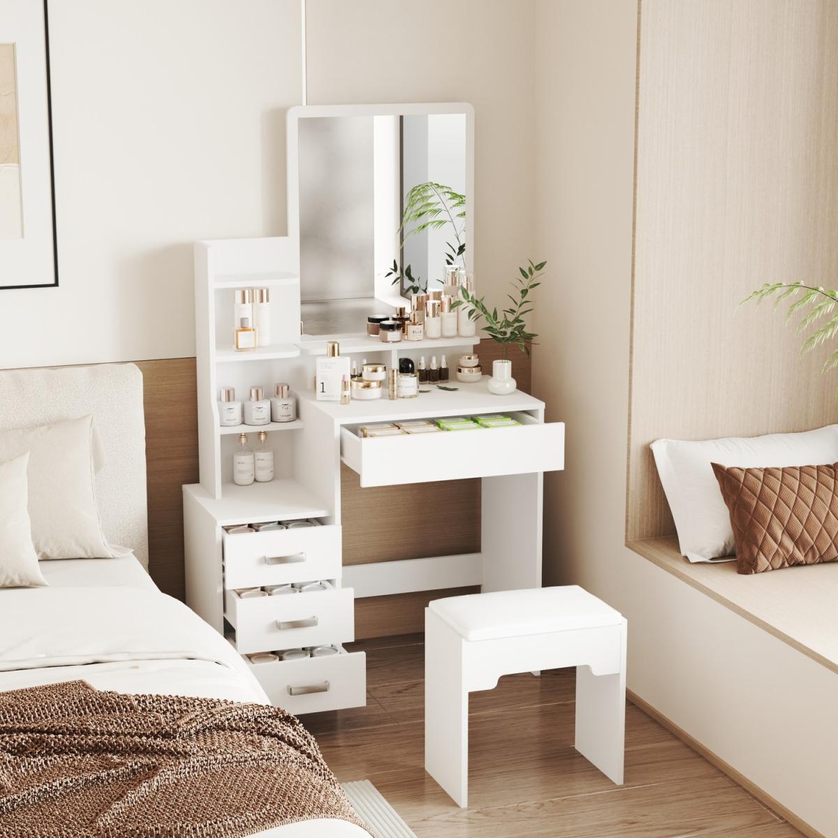 Arlo White Dressing Table with 3 Drawer Unit, Mirror and Stool - White