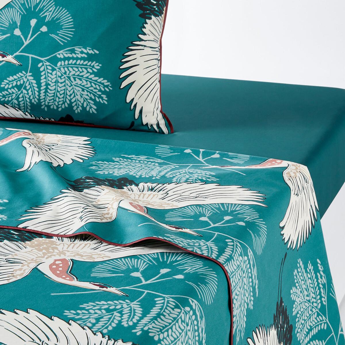 Grues Blue Patterned 100% Cotton Percale 180 Thread Count Flat Sheet – image 1
