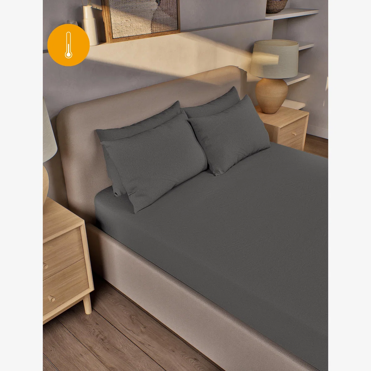 M&S Collection Pure Brushed Cotton Deep Fitted Sheet - 5FT - Charcoal, Biscuit,Duck Egg,Camel,Petrol,Charcoal,Cranberry,Clay,Grey Marl,Dusty Green – image 1