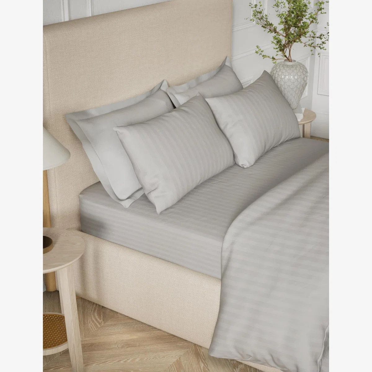 M&S Collection Pure Cotton Sateen Stripe Fitted Sheet - 6FT - Silver Grey, White,Silver Grey – image 1