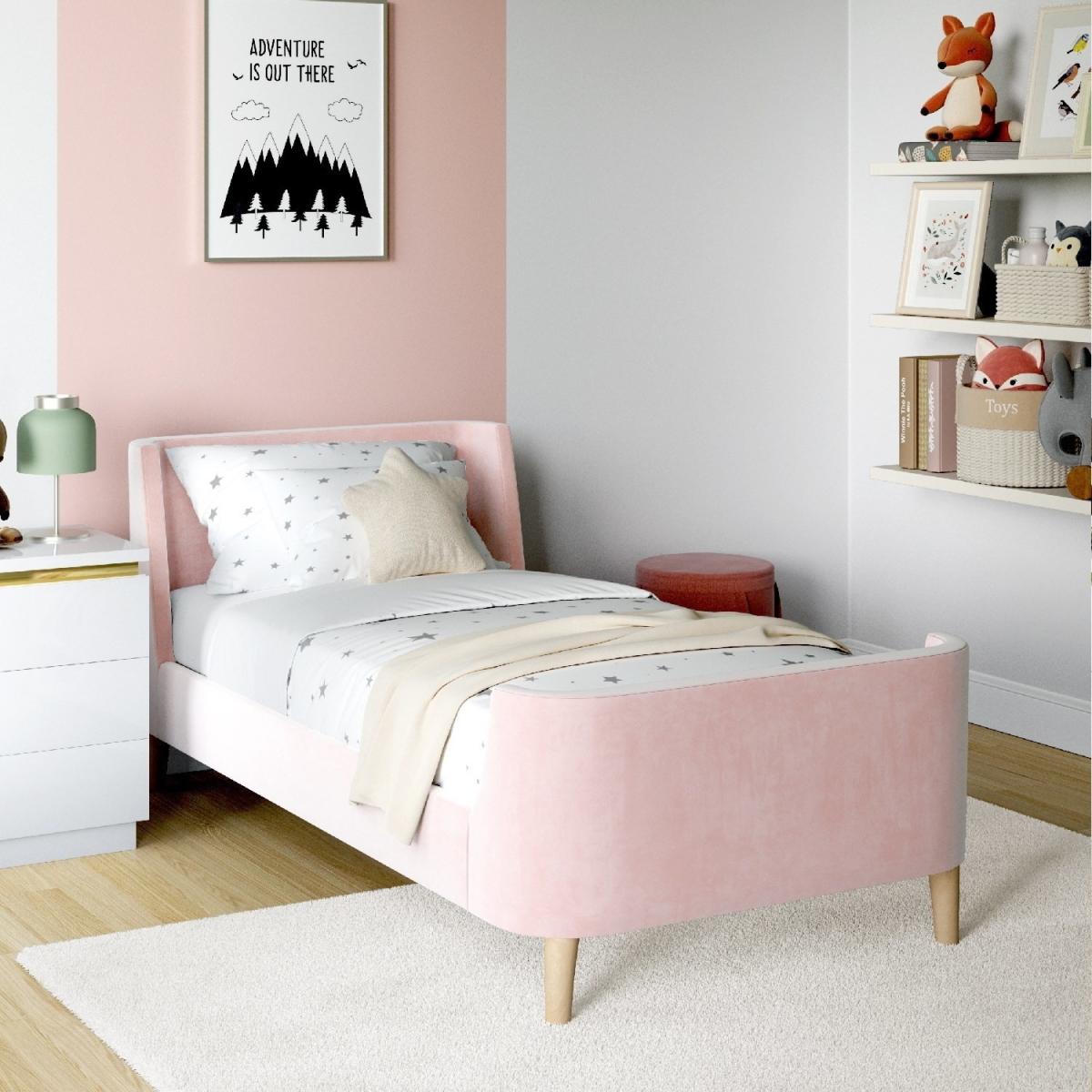 Blush Pink Velvet Single Sleigh Bed Frame with Scandi Styling - Charlotte – image 2