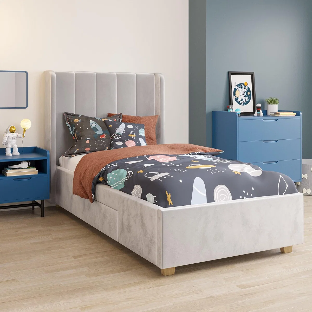 Grey Velvet Single Bed Frame with Storage Drawer - Phoebe – image 1