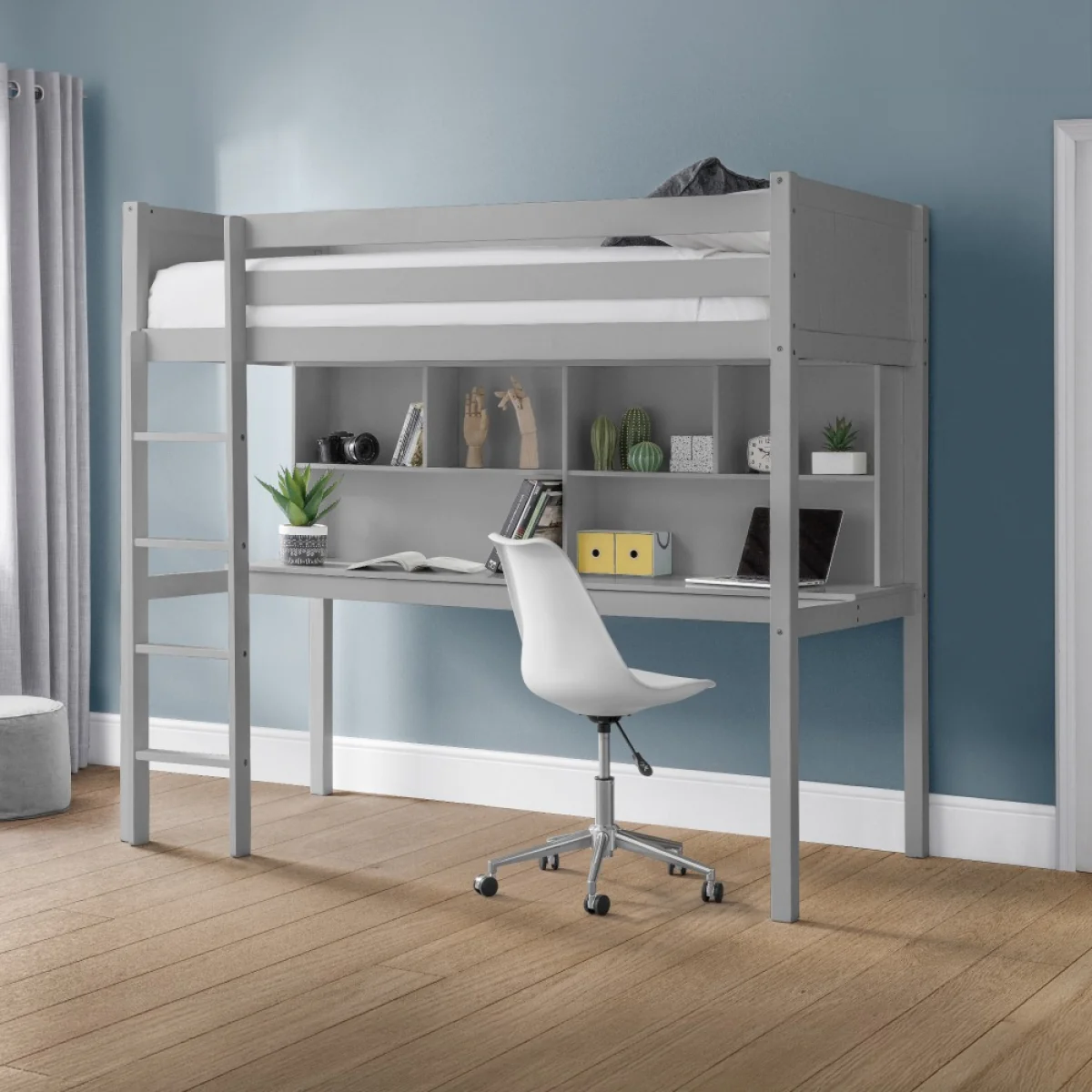 Titan - Single - Kids High Sleeper - Desk and Storage - Light Grey - Wooden - 3ft - Happy Beds