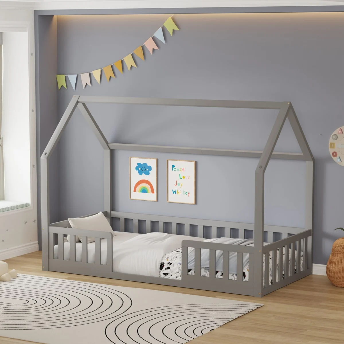 WestWood Wooden House-Shaped Toddler Bed Frame Single With Split Safety Guard Rail Natural – image 2