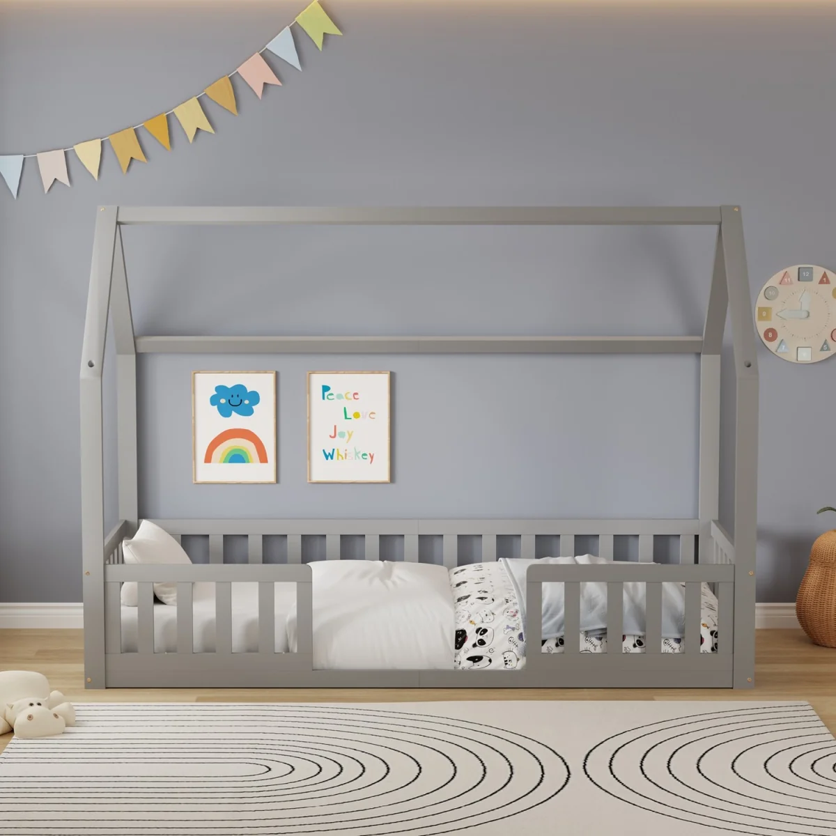WestWood Wooden House-Shaped Toddler Bed Frame Single With Split Safety Guard Rail Natural – image 3