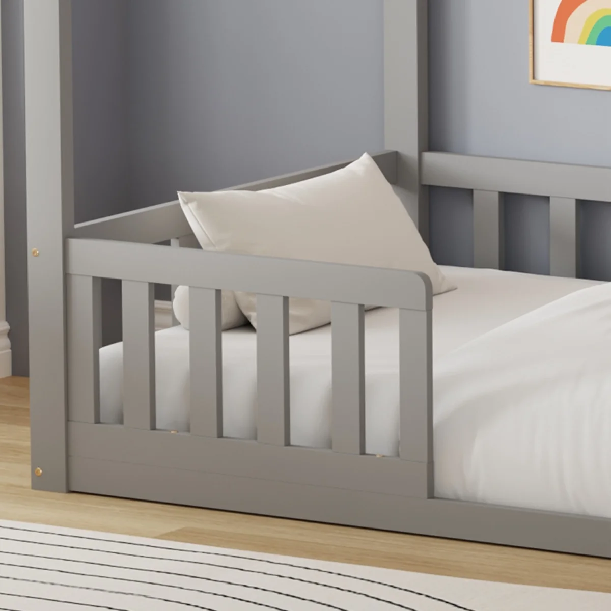 WestWood Wooden House-Shaped Toddler Bed Frame Single With Split Safety Guard Rail Natural – image 4