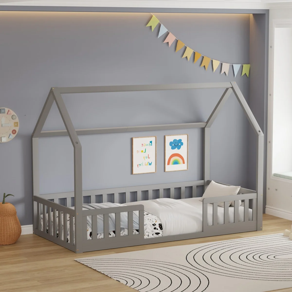 WestWood Wooden House-Shaped Toddler Bed Frame Single With Split Safety Guard Rail Natural – image 6
