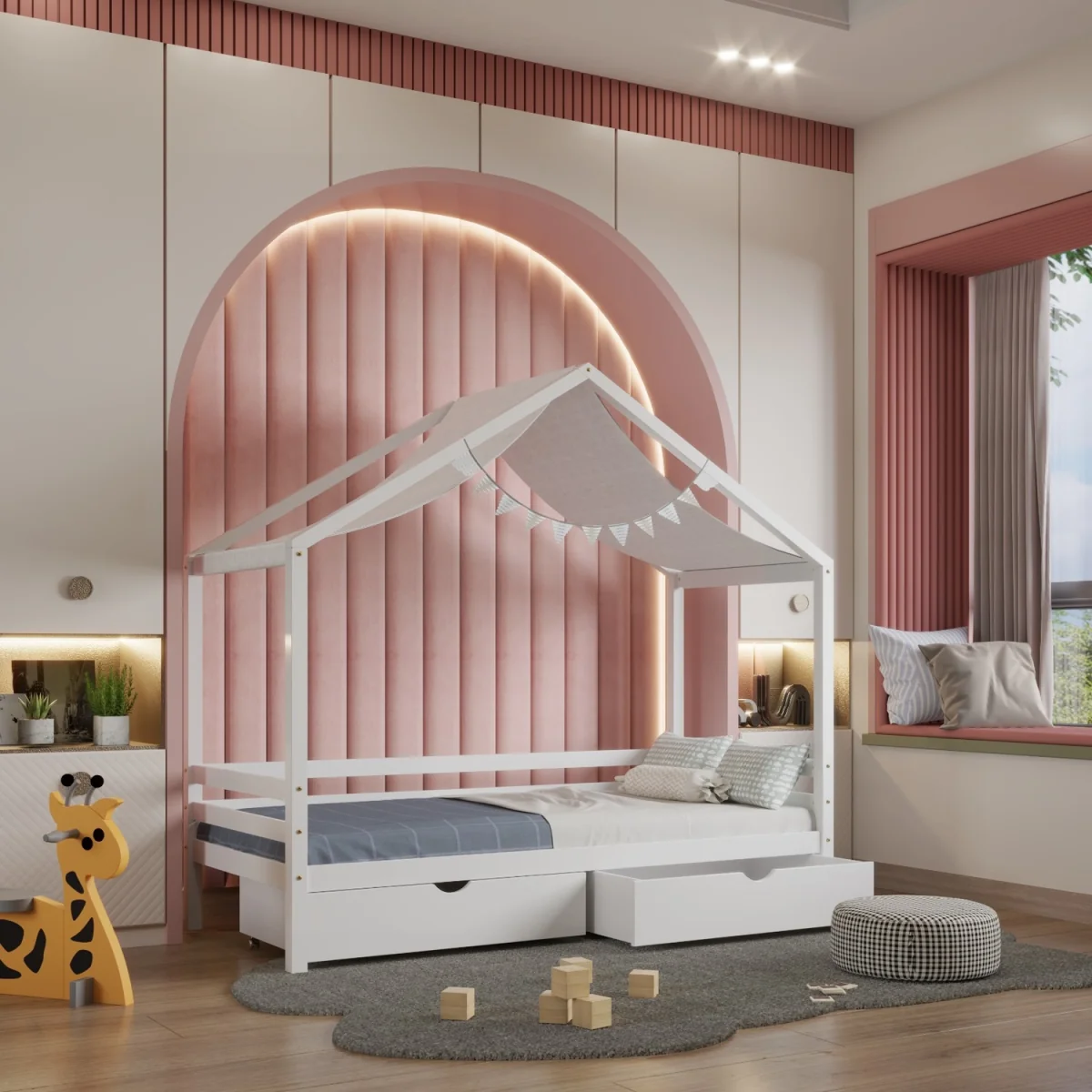Babyfair White Kids Canopy Bed with Integrated Storage Drawers, Solid Wood Frame - White – image 2