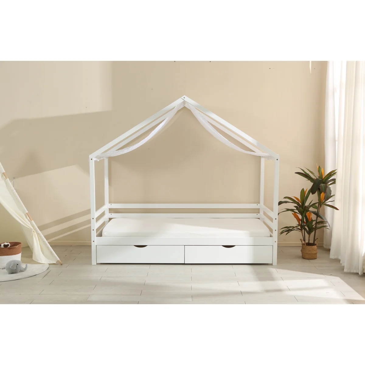 Babyfair White Kids Canopy Bed with Integrated Storage Drawers, Solid Wood Frame - White – image 3
