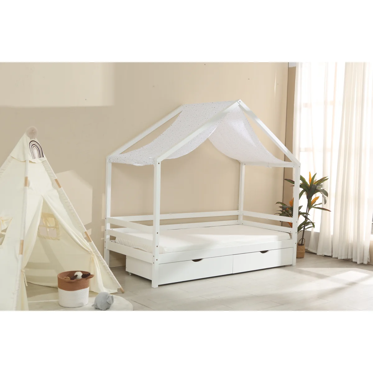 Babyfair White Kids Canopy Bed with Integrated Storage Drawers, Solid Wood Frame - White – image 4