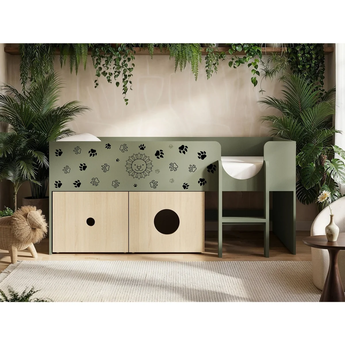 Zaiden Safari Mid Sleeper Bed with Toy Box - Green