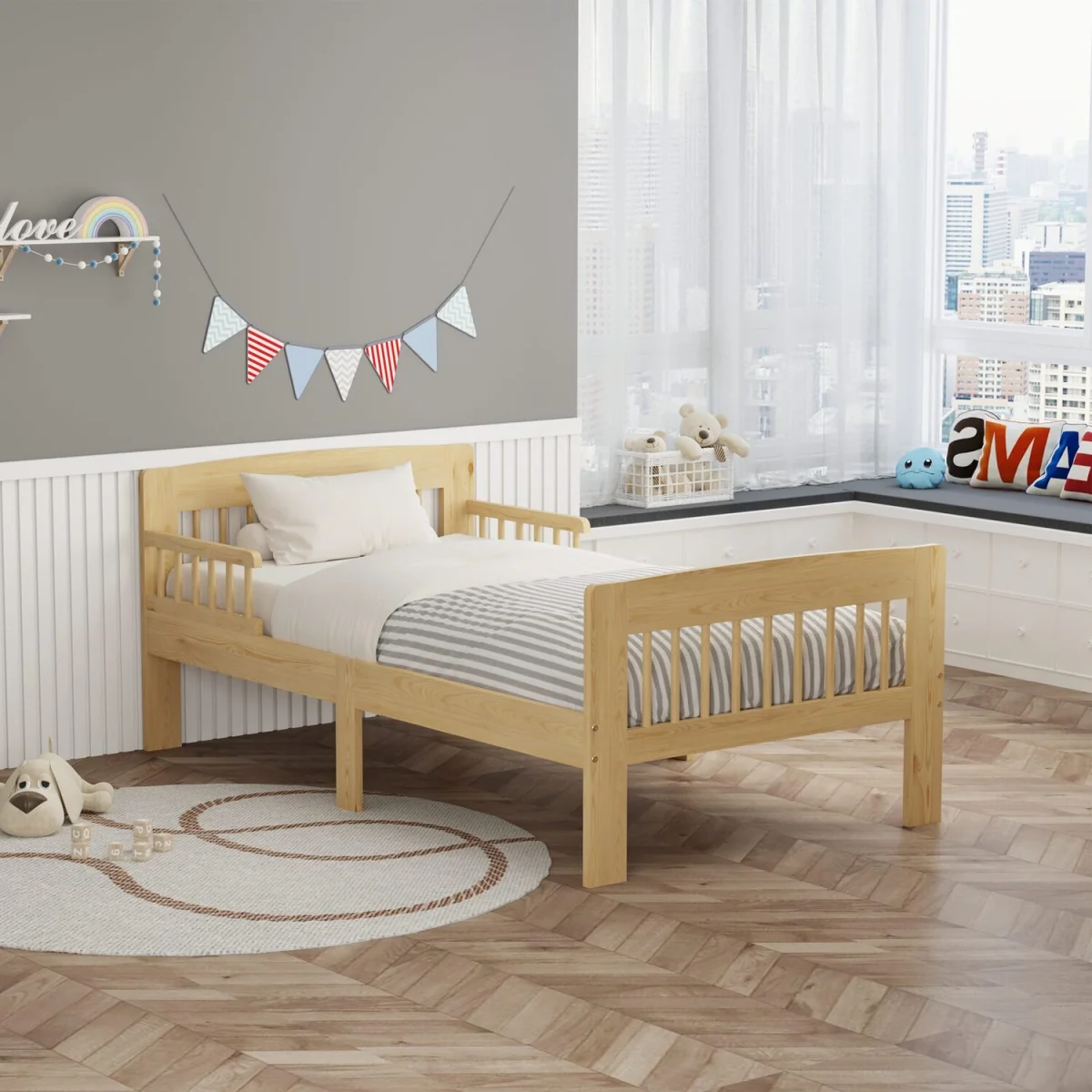 WestWood Wooden Single Bed Toddler Kids Bed Frame Only with Safety Bed Rail Guard White – image 2
