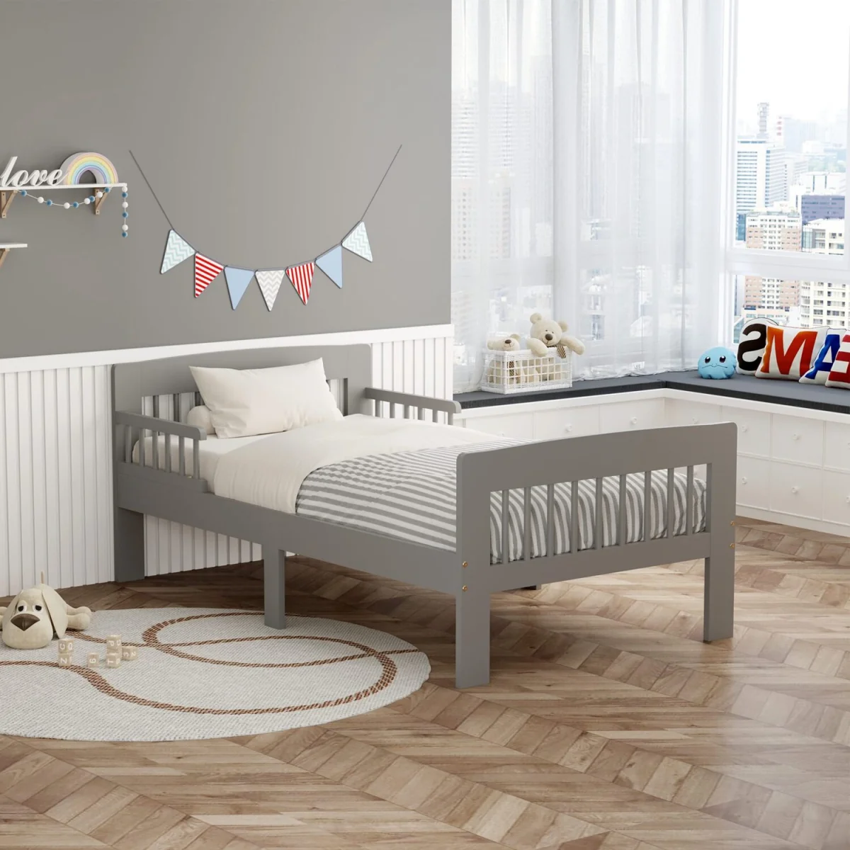 WestWood Wooden Single Bed Toddler Kids Bed Frame Only with Safety Bed Rail Guard White – image 4