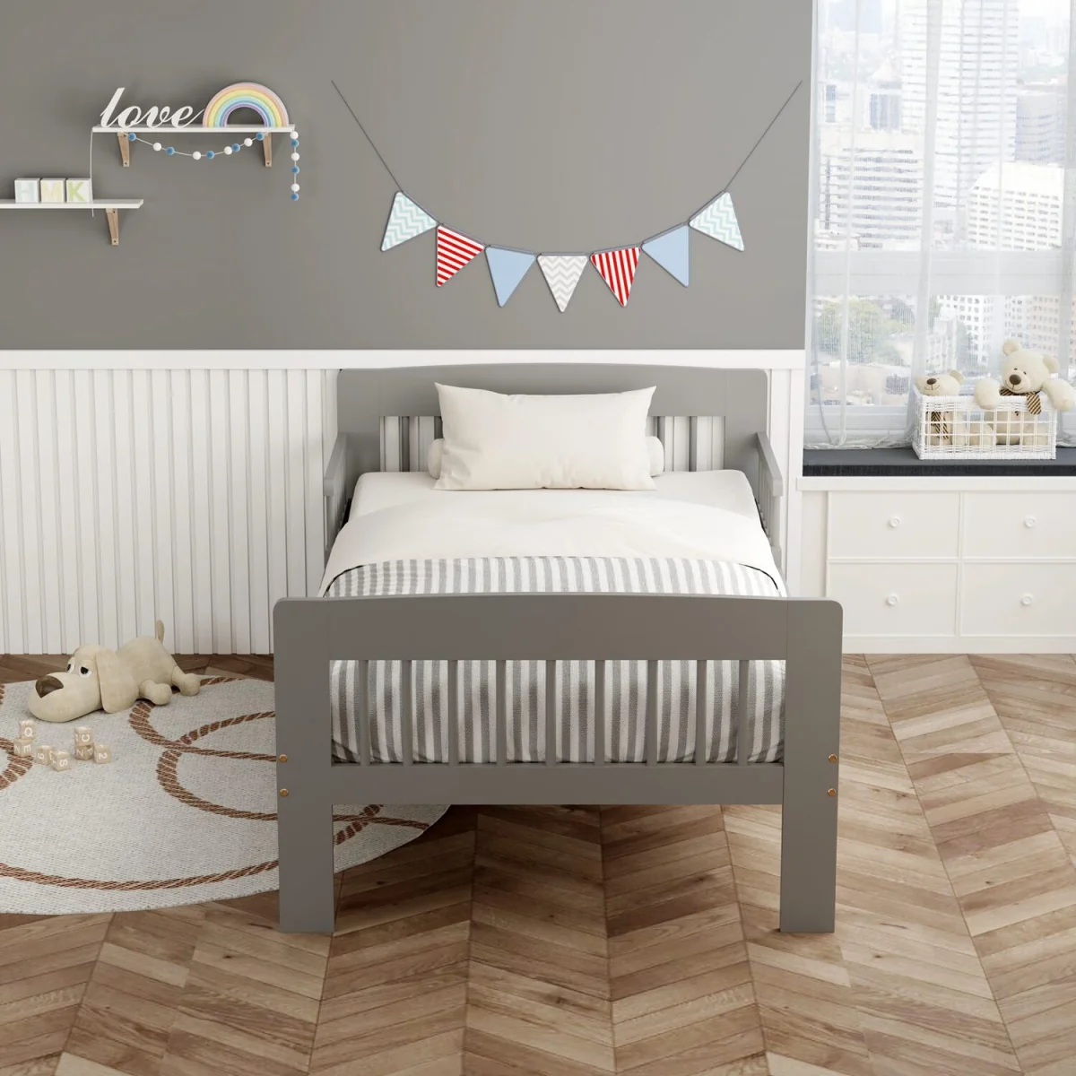 WestWood Wooden Single Bed Toddler Kids Bed Frame Only with Safety Bed Rail Guard White – image 5