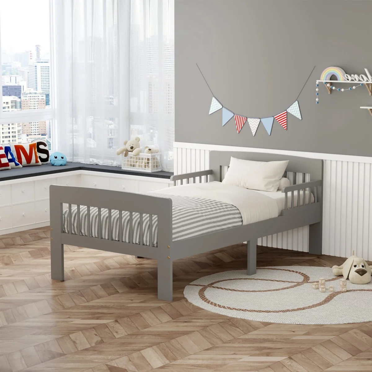 WestWood Wooden Single Bed Toddler Kids Bed Frame Only with Safety Bed Rail Guard White – image 6