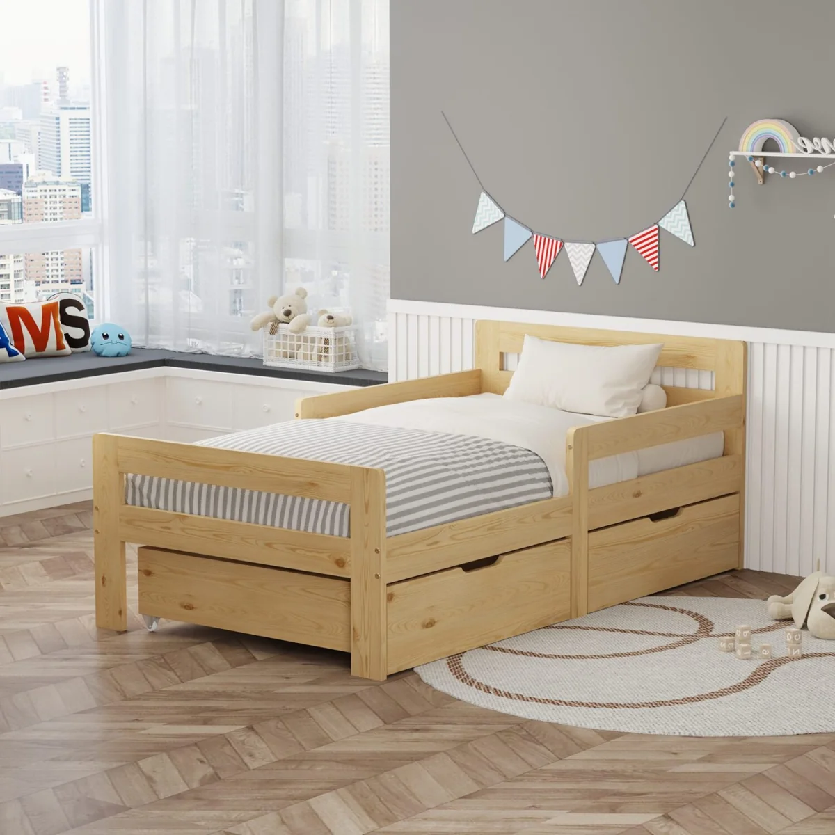 WestWood Wooden Single Bed Toddler Kids Bed Frame Only w/ Underbed Storage Drawer Natural – image 2