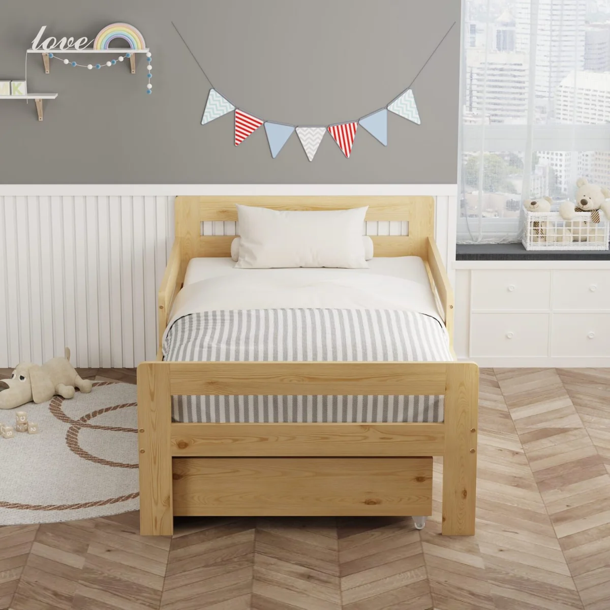 WestWood Wooden Single Bed Toddler Kids Bed Frame Only w/ Underbed Storage Drawer Natural – image 3