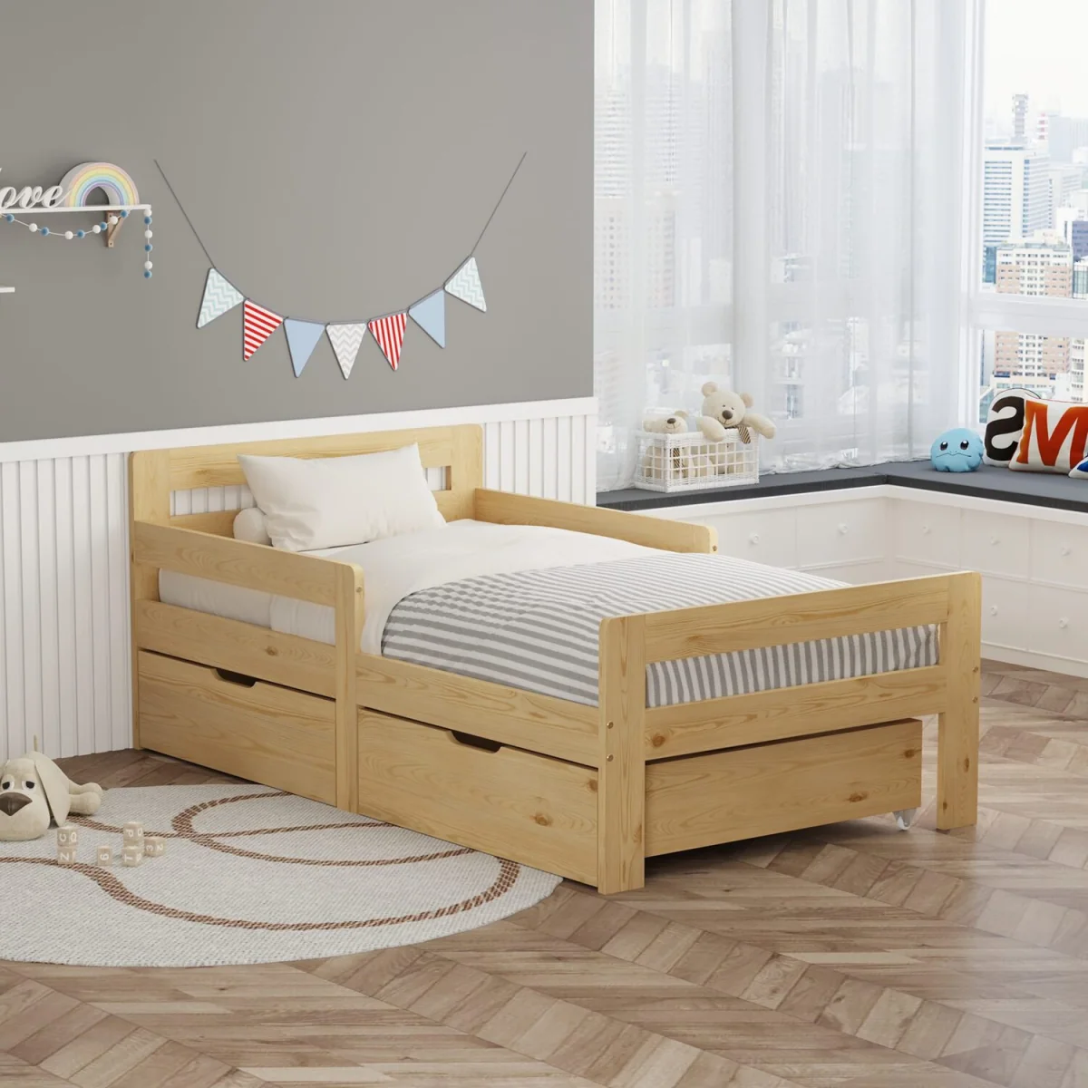 WestWood Wooden Single Bed Toddler Kids Bed Frame Only w/ Underbed Storage Drawer Natural – image 4