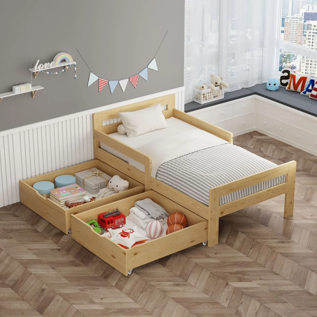 WestWood Wooden Single Bed Toddler Kids Bed Frame Only w/ Underbed Storage Drawer Natural – image 5
