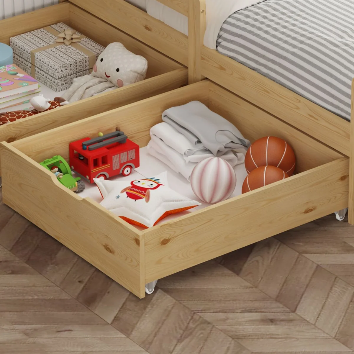 WestWood Wooden Single Bed Toddler Kids Bed Frame Only w/ Underbed Storage Drawer Natural – image 6