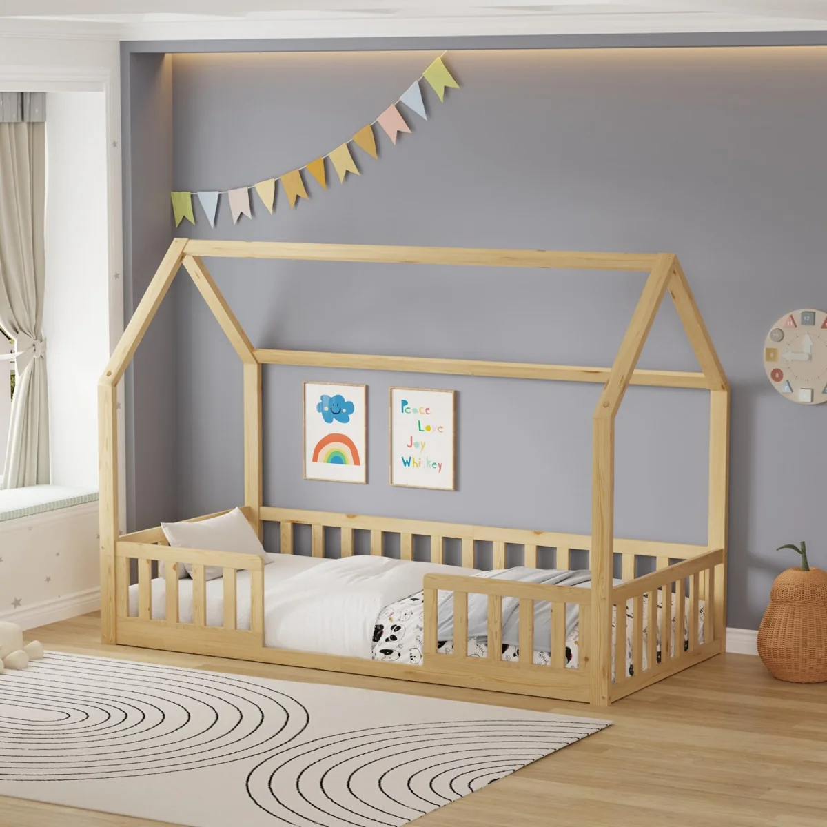 WestWood Wooden House-Shaped Toddler Bed Frame Single With Split Safety Guard Rail Natural – image 2