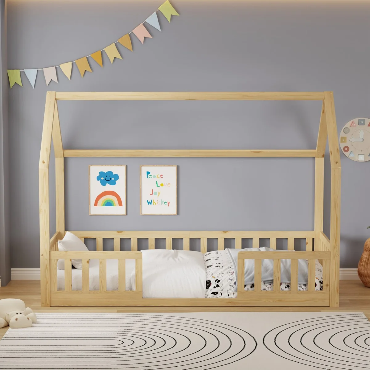 WestWood Wooden House-Shaped Toddler Bed Frame Single With Split Safety Guard Rail Natural – image 3